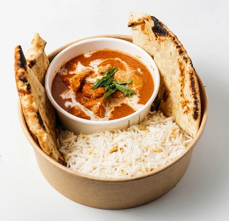 Butter chicken with rice and naan bread at Papa Nash's in Airdrie, AB