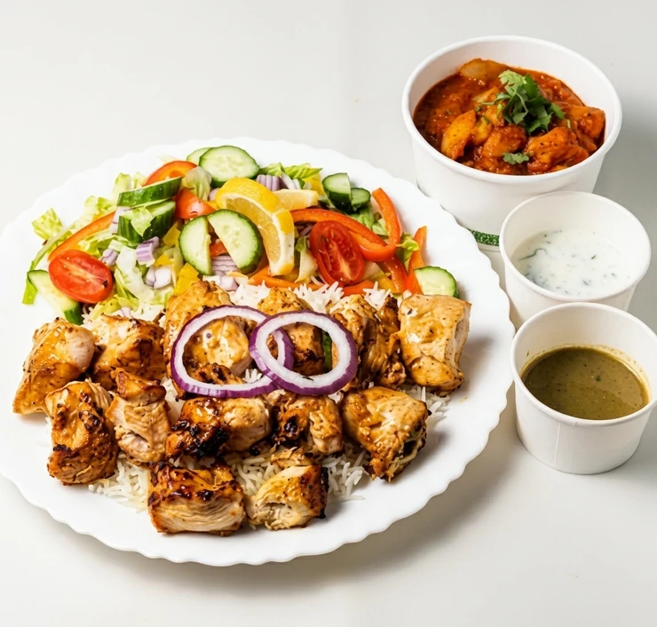 Two skewers of chicken tikka on a kebab platter at Papa Nash's in Airdrie, AB
