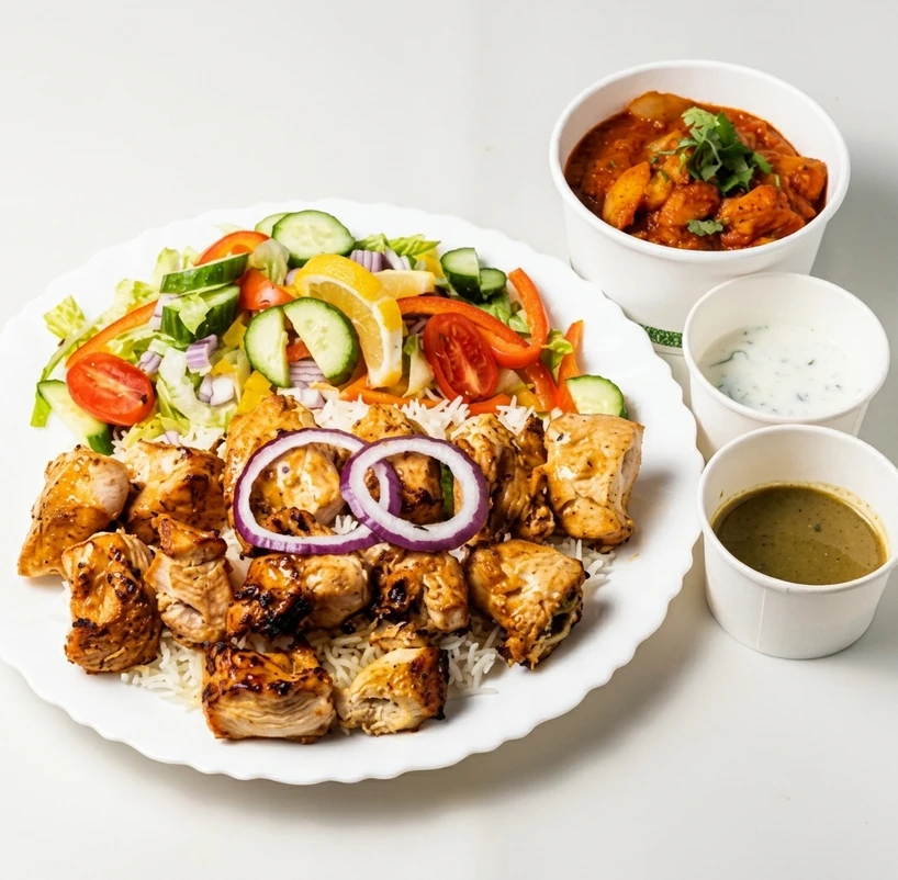 Two skewers of Chicken Tikka on a kebab platter at Papa Nash's in Airdrie, AB