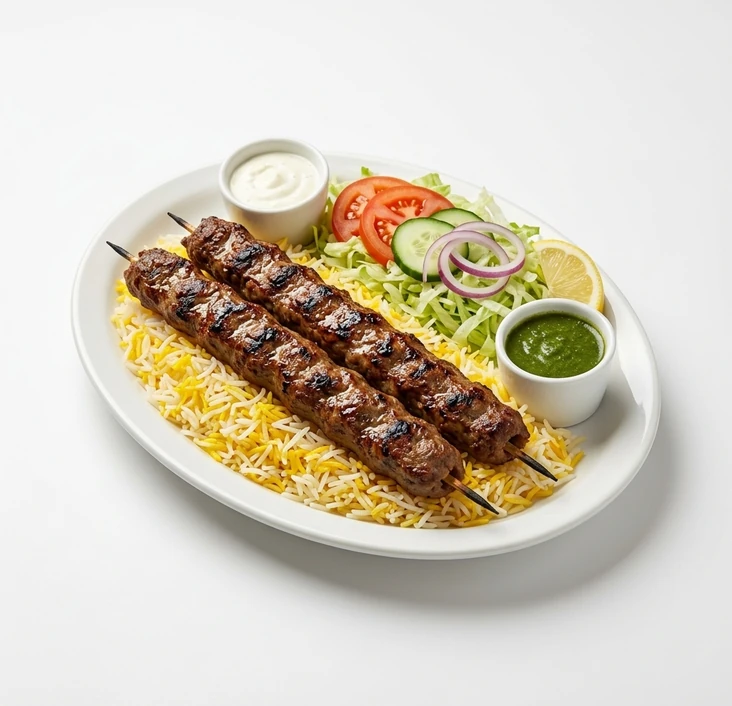 Two skewers of charcoal grilled lamb kebab with saffron basmati rice and kabuli naan at Papa Nash's in Airdrie