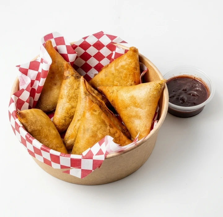 Hand folded Veggie Samosa fried fresh at Papa Nash's in Airdrie, AB